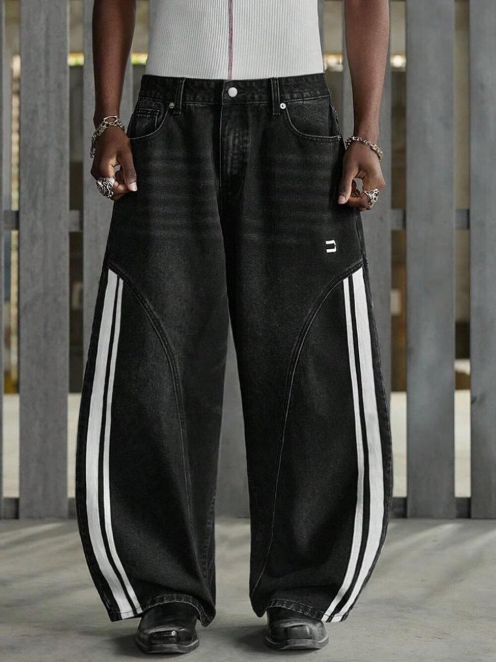 NEON BLANC Striped Wide Leg Loose Casual Washed Denim Jeans